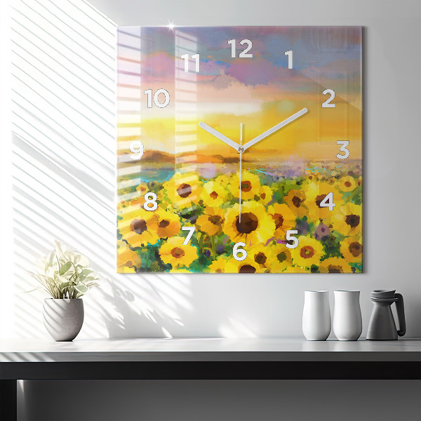 Square glass wall clock Sunflower Field