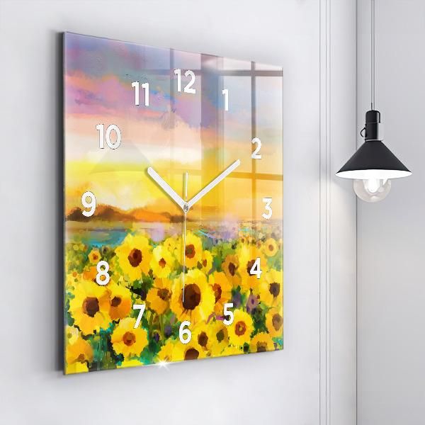 Square glass wall clock Sunflower Field