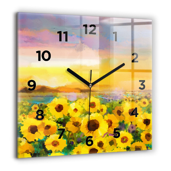 Square glass wall clock Sunflower Field