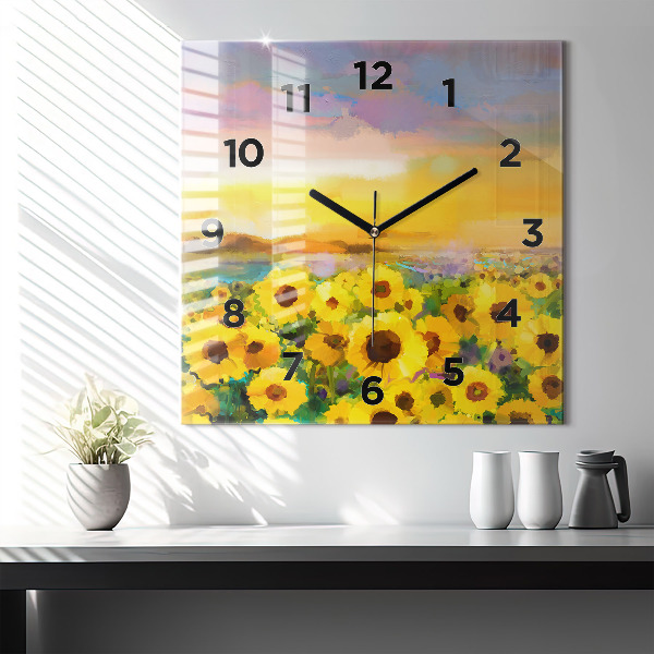 Square glass wall clock Sunflower Field