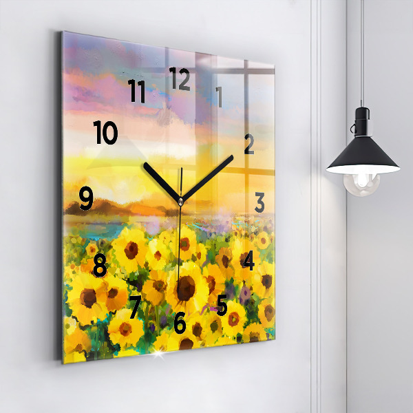 Square glass wall clock Sunflower Field