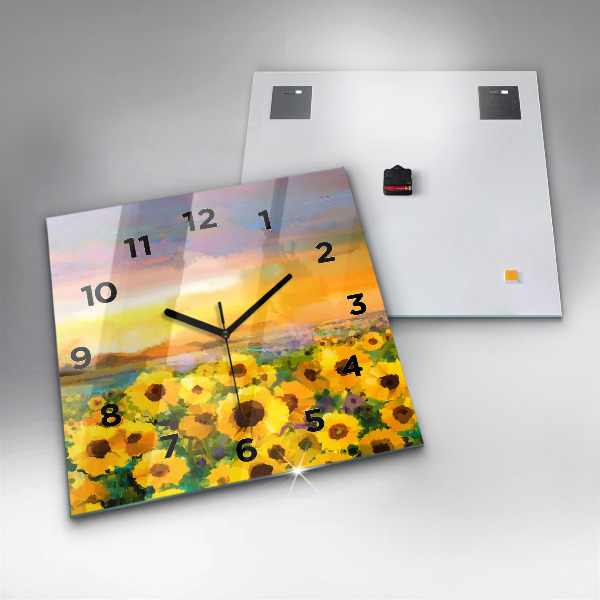 Square glass wall clock Sunflower Field