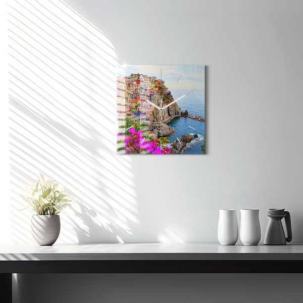 Square glass wall clock Cinque Terre Coast