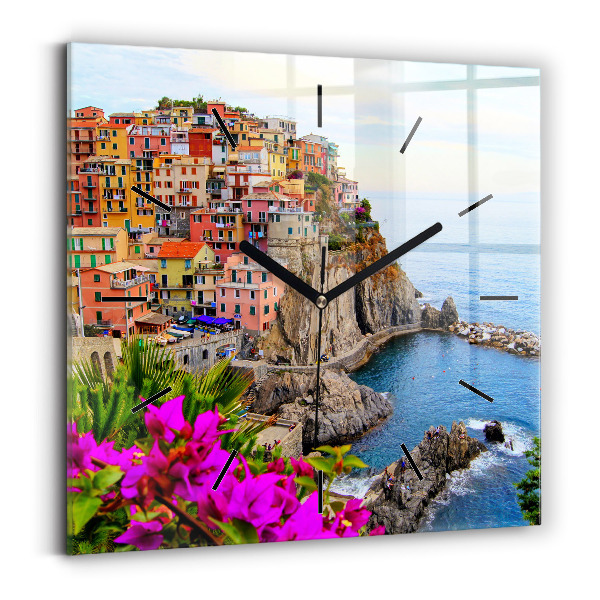 Square glass wall clock Cinque Terre Coast