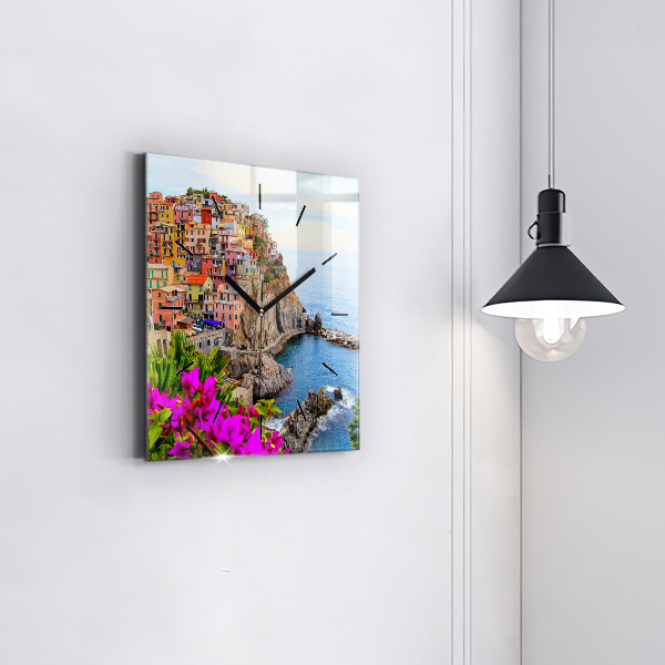 Square glass wall clock Cinque Terre Coast