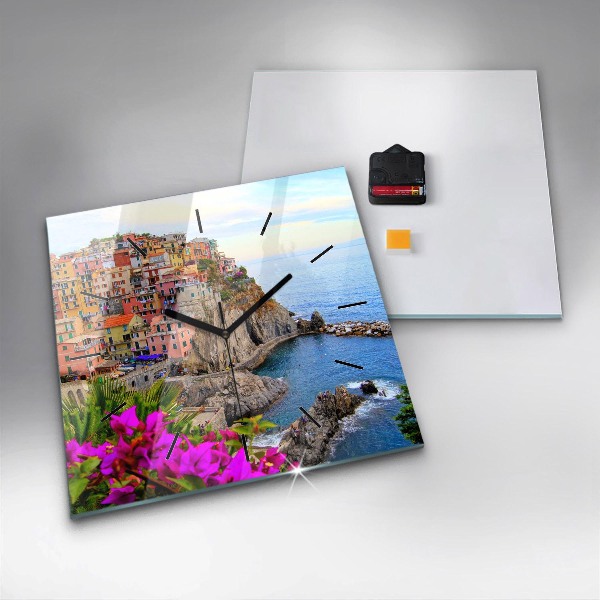 Square glass wall clock Cinque Terre Coast