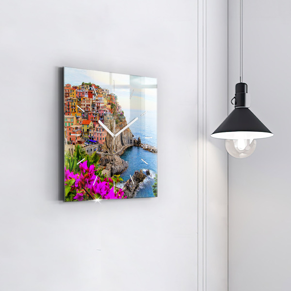 Square glass wall clock Cinque Terre Coast