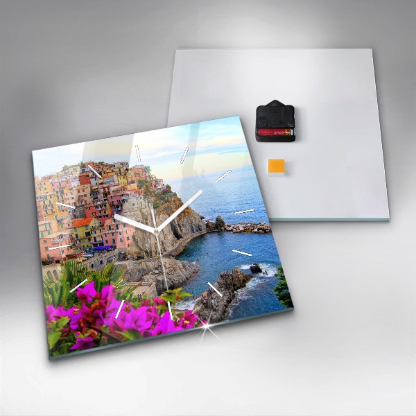Square glass wall clock Cinque Terre Coast