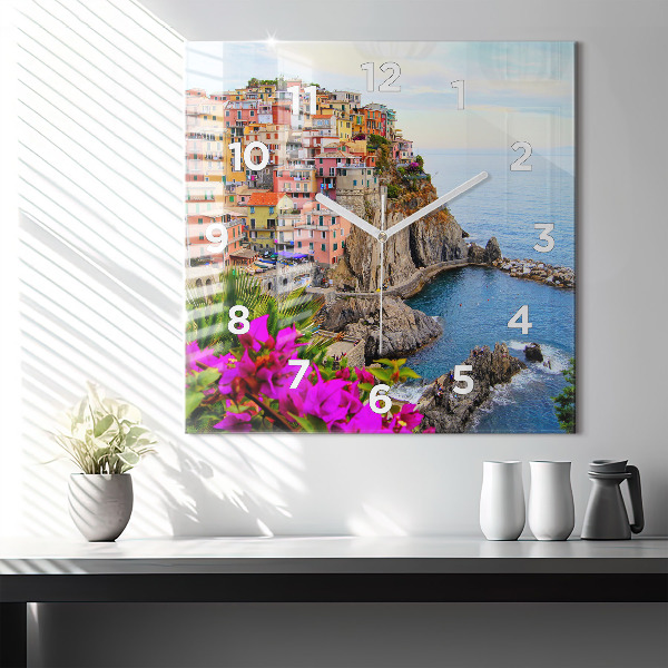 Square glass wall clock Cinque Terre Coast