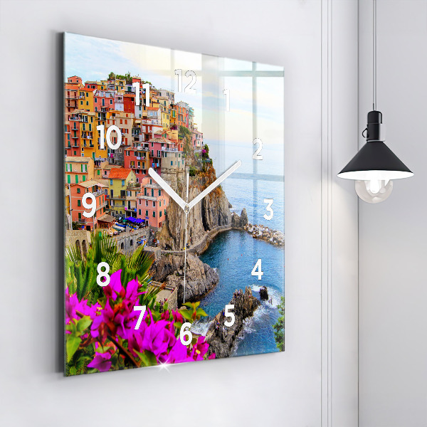 Square glass wall clock Cinque Terre Coast