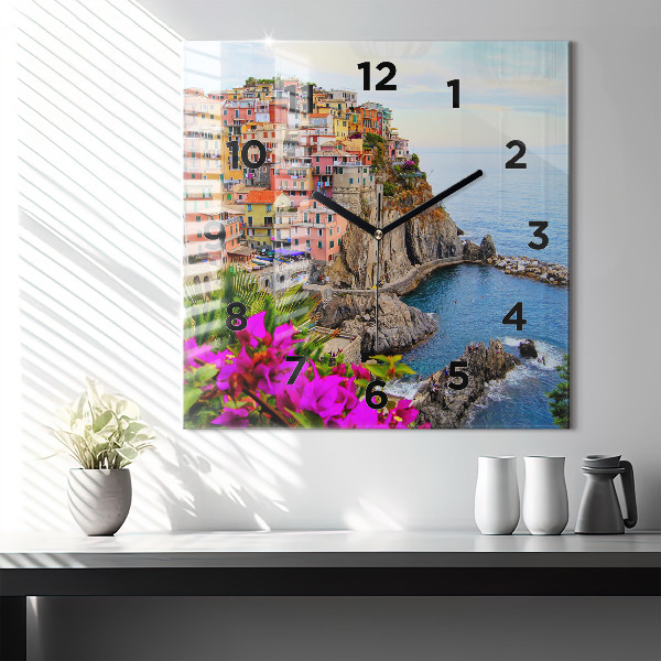 Square glass wall clock Cinque Terre Coast