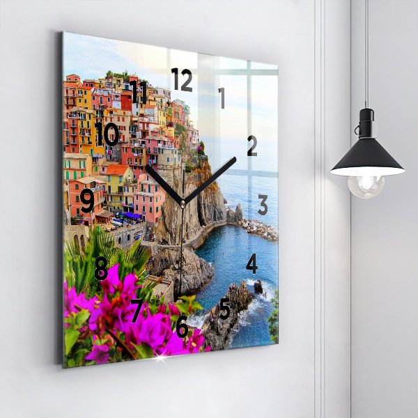 Square glass wall clock Cinque Terre Coast