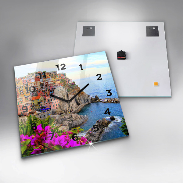 Square glass wall clock Cinque Terre Coast