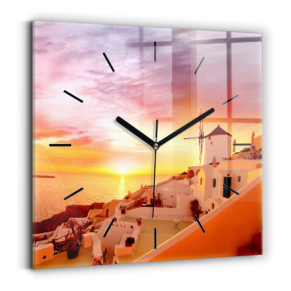 Square glass wall clock Old windmill in Santorini