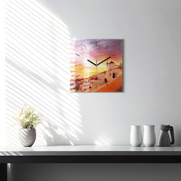 Square glass wall clock Old windmill in Santorini