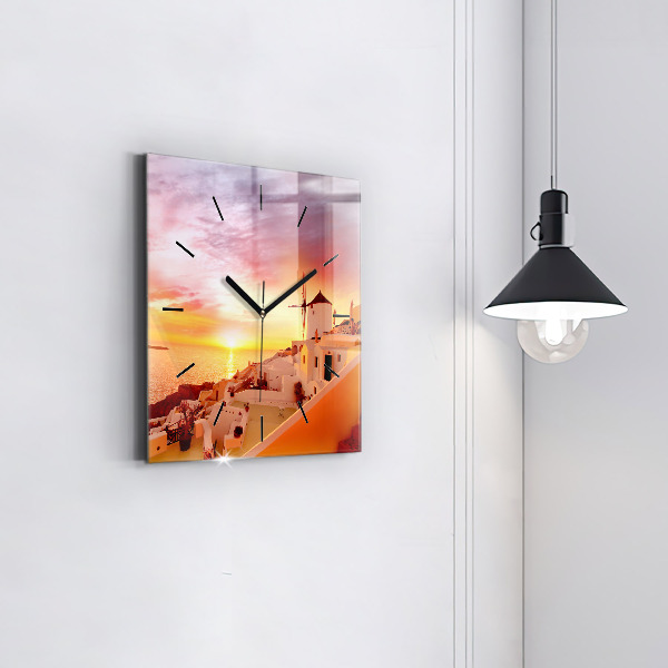 Square glass wall clock Old windmill in Santorini
