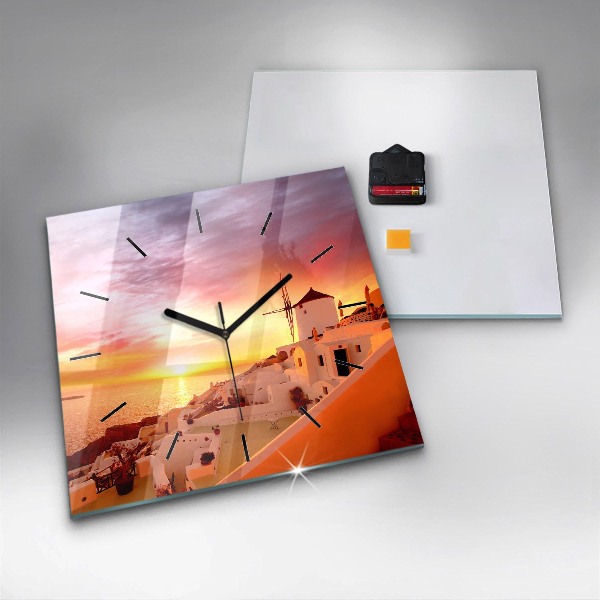 Square glass wall clock Old windmill in Santorini