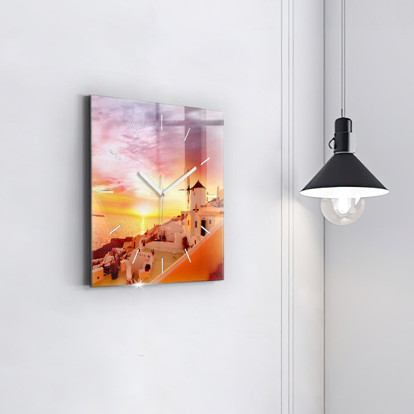 Square glass wall clock Old windmill in Santorini