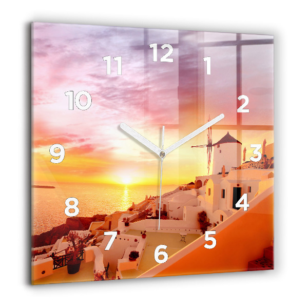 Square glass wall clock Old windmill in Santorini