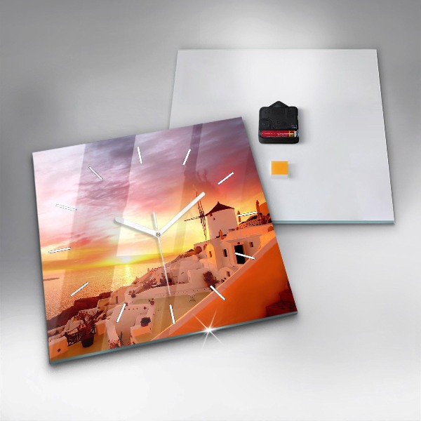 Square glass wall clock Old windmill in Santorini