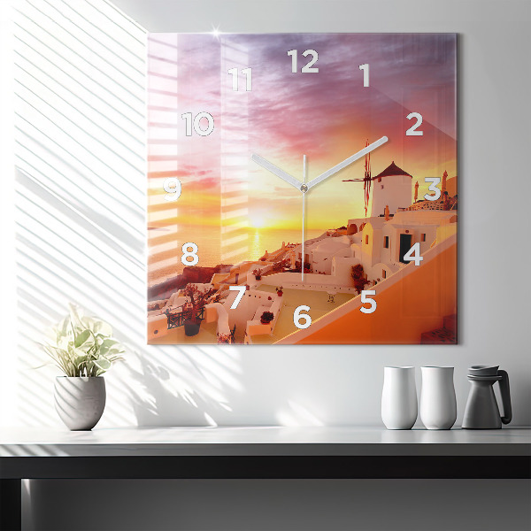 Square glass wall clock Old windmill in Santorini