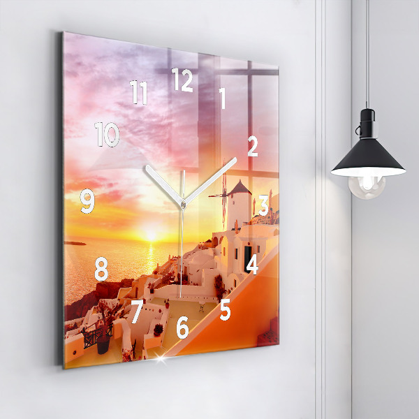Square glass wall clock Old windmill in Santorini
