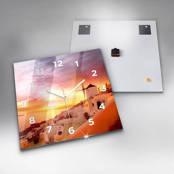 Square glass wall clock Old windmill in Santorini