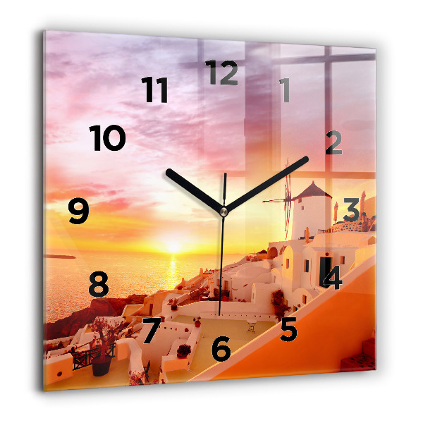 Square glass wall clock Old windmill in Santorini