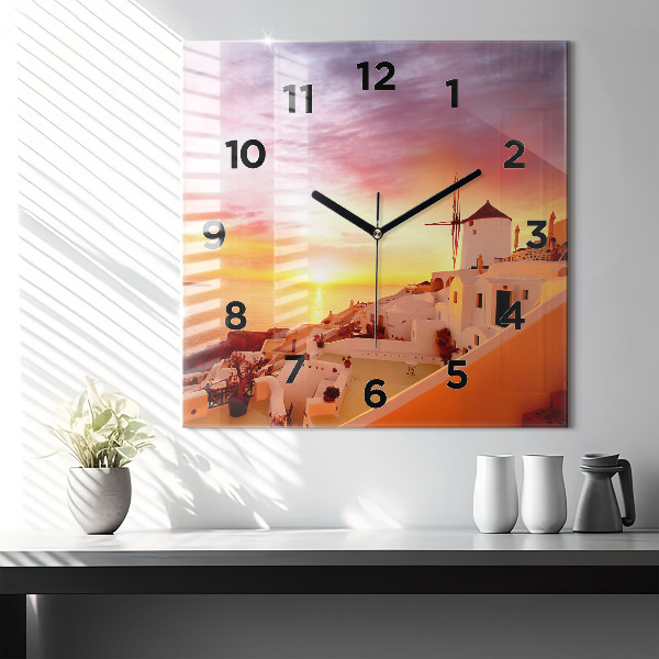 Square glass wall clock Old windmill in Santorini
