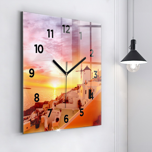 Square glass wall clock Old windmill in Santorini