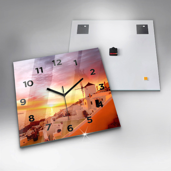 Square glass wall clock Old windmill in Santorini