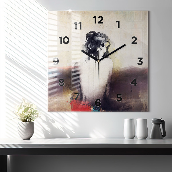 Square glass wall clock Abstract portrait of a woman