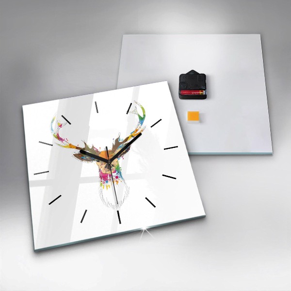 Square glass wall clock Colorful deer head
