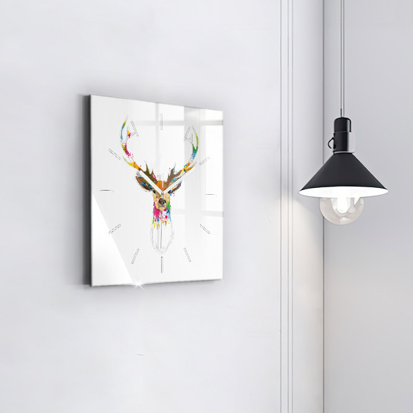 Square glass wall clock Colorful deer head