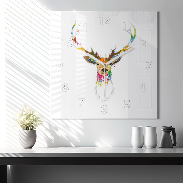 Square glass wall clock Colorful deer head