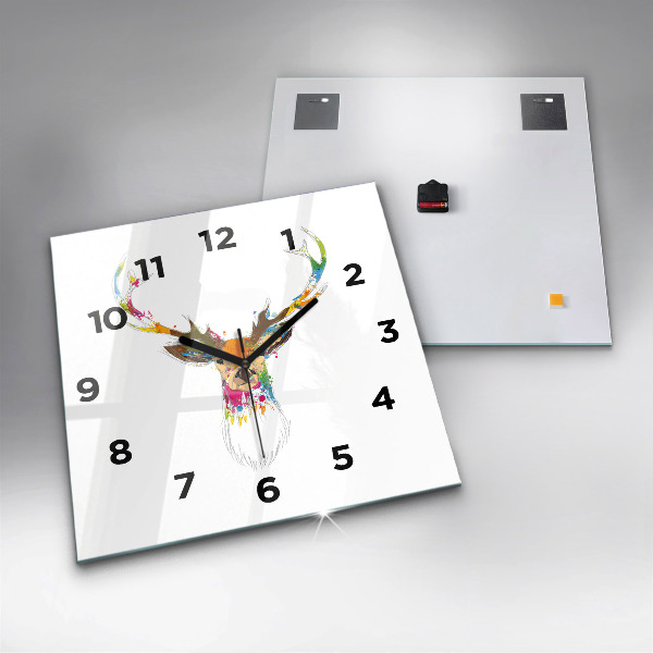 Square glass wall clock Colorful deer head