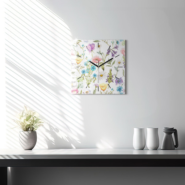Square glass wall clock Flower Composition