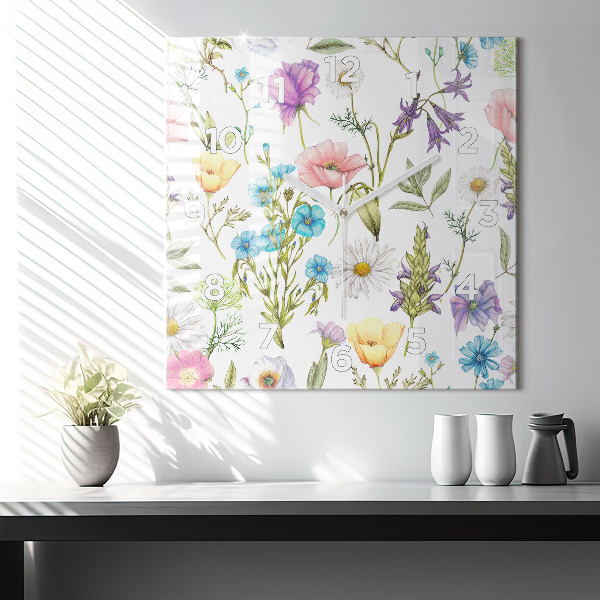 Square glass wall clock Flower Composition