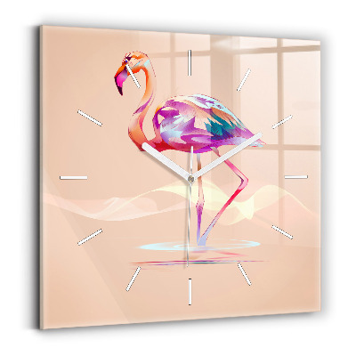 Square glass wall clock Flamingo illustration