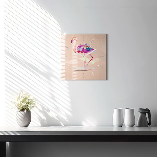 Square glass wall clock Flamingo illustration