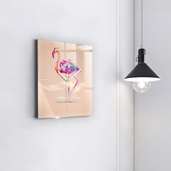 Square glass wall clock Flamingo illustration