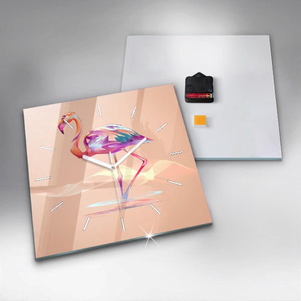 Square glass wall clock Flamingo illustration