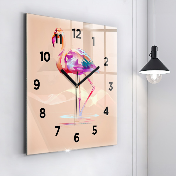 Square glass wall clock Flamingo illustration