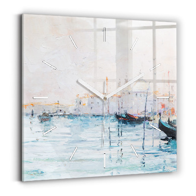 Square glass wall clock Oil painting yacht sea