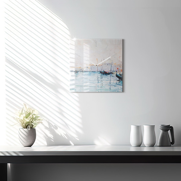 Square glass wall clock Oil painting yacht sea