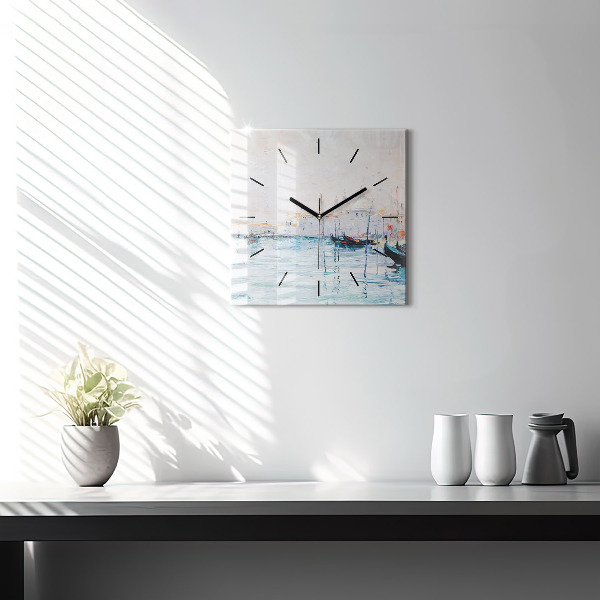 Square glass wall clock Oil painting yacht sea