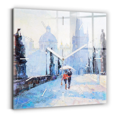 Square glass wall clock Oil art