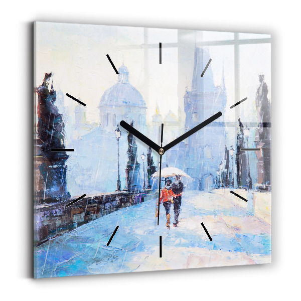 Square glass wall clock Oil art