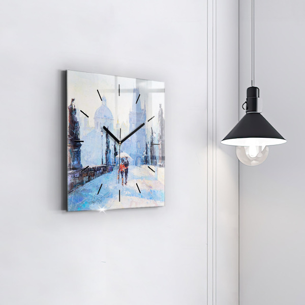 Square glass wall clock Oil art