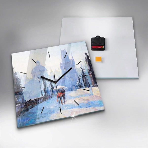 Square glass wall clock Oil art
